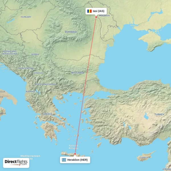 Iasi - Heraklion direct flight map