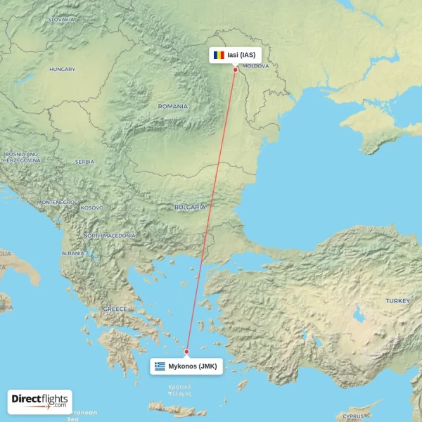 Iasi - Mykonos direct flight map
