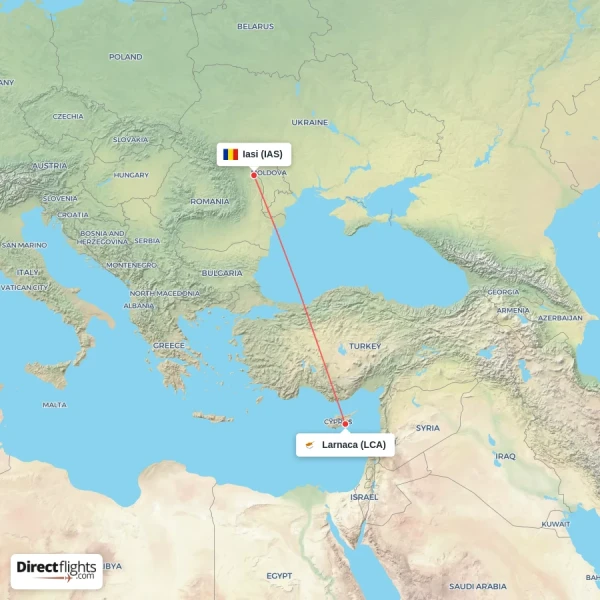 Iasi - Larnaca direct flight map