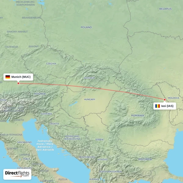 Iasi - Munich direct flight map
