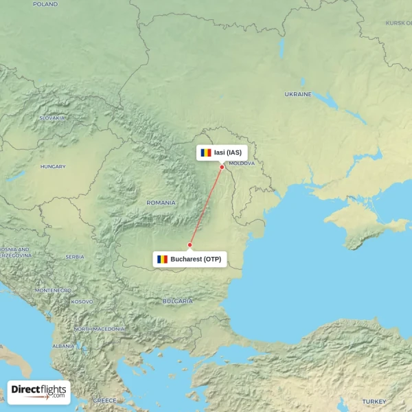 Iasi - Bucharest direct flight map