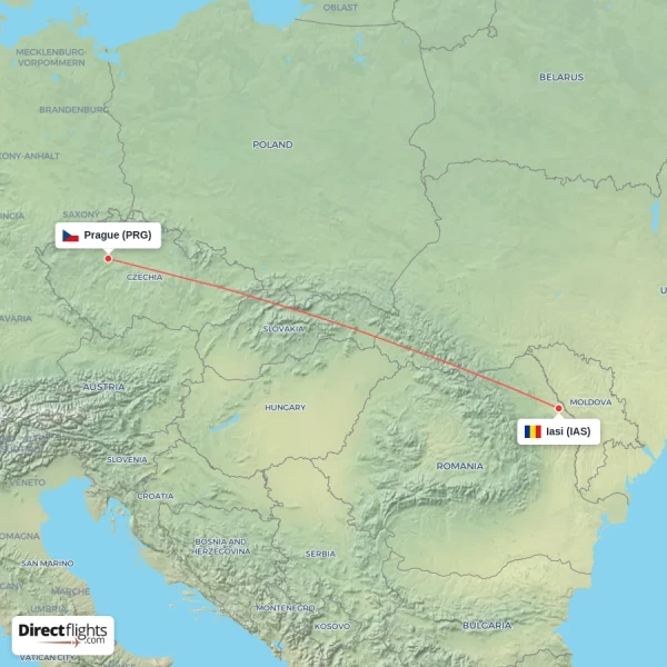 Iasi - Prague direct flight map