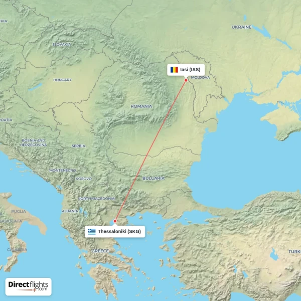 Iasi - Thessaloniki direct flight map