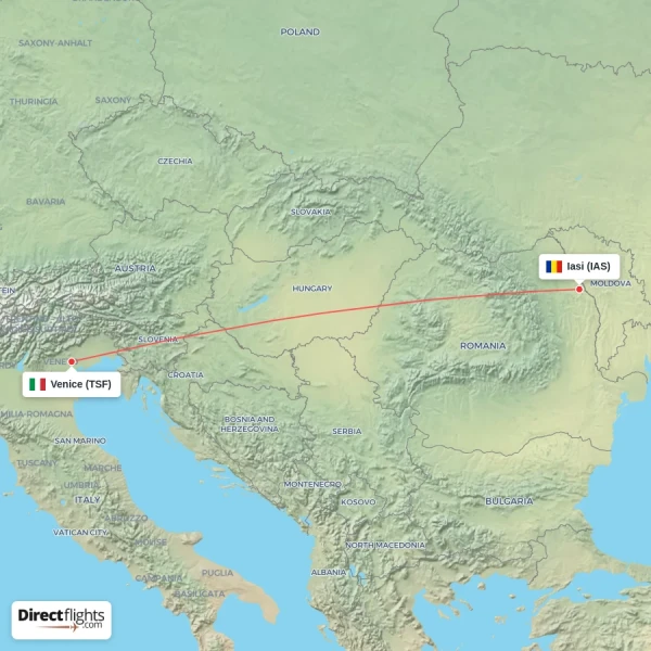 Iasi - Venice direct flight map