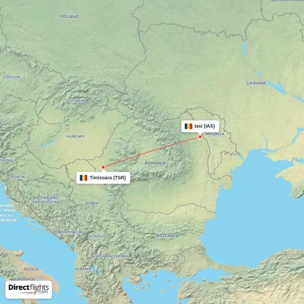 Iasi - Timisoara direct flight map