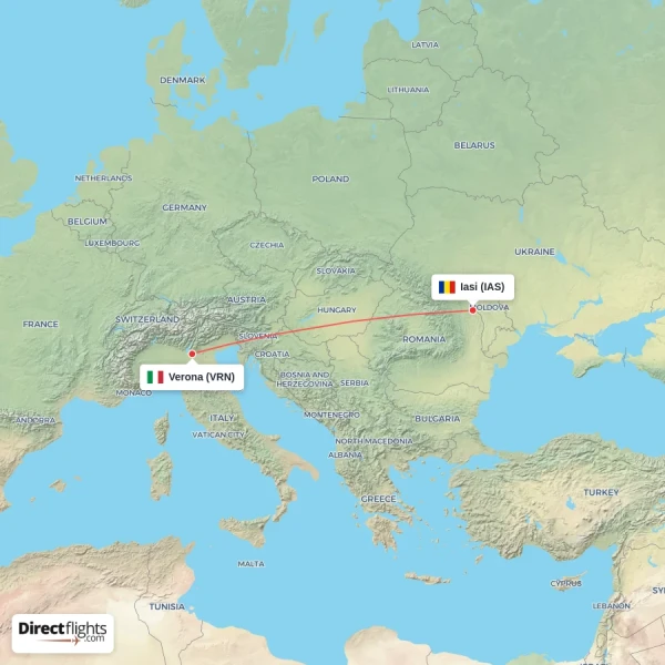 Iasi - Verona direct flight map