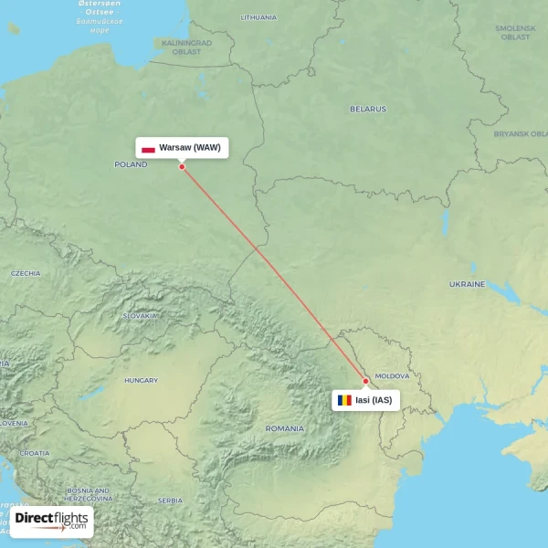 Iasi - Warsaw direct flight map