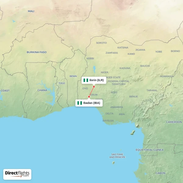 Ibadan - Ilorin direct flight map