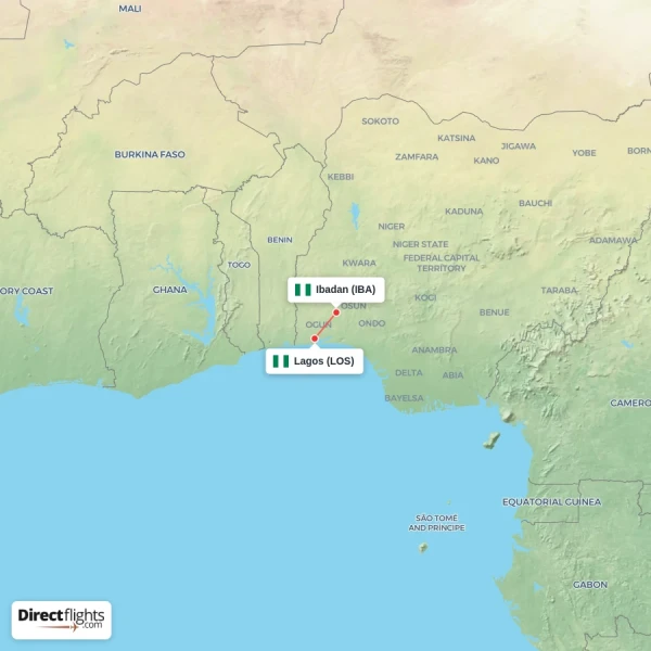 Ibadan - Lagos direct flight map