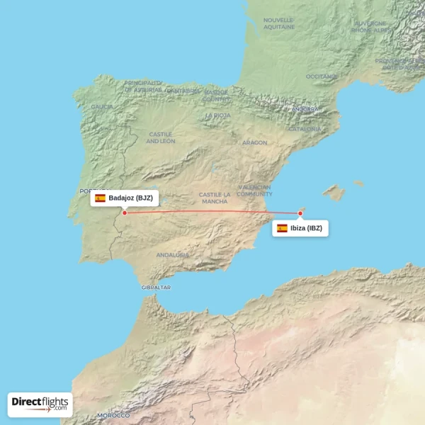 Ibiza - Badajoz direct flight map