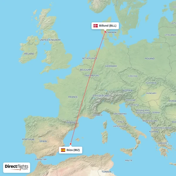 Ibiza - Billund direct flight map
