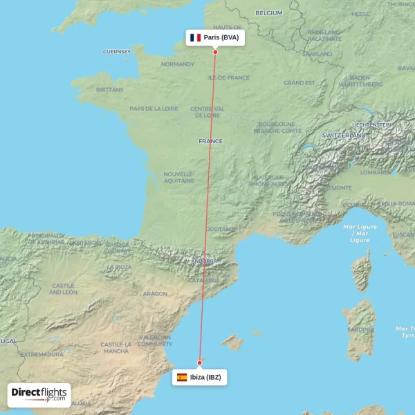 Ibiza - Paris direct flight map