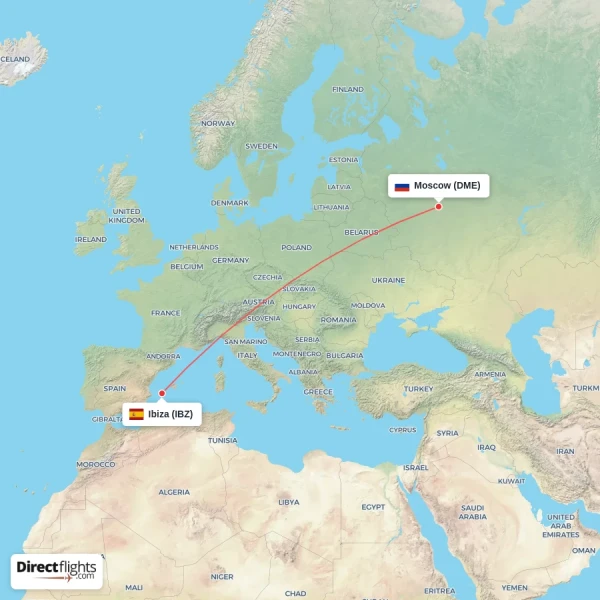 Ibiza - Moscow direct flight map