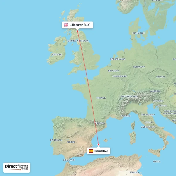 Ibiza - Edinburgh direct flight map