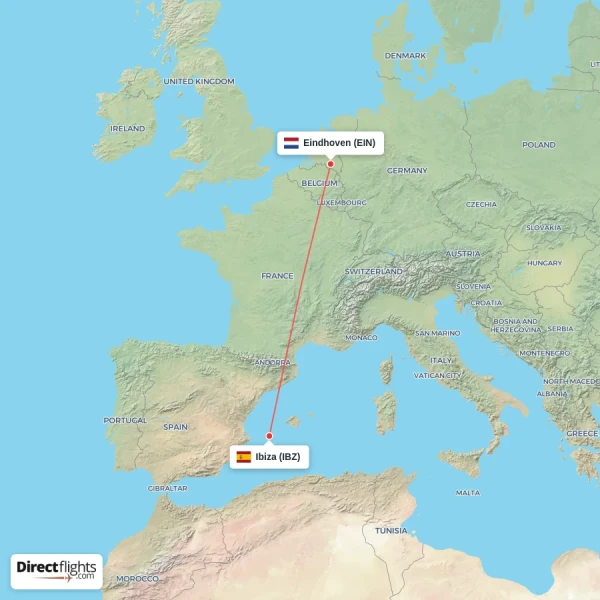 Ibiza - Eindhoven direct flight map