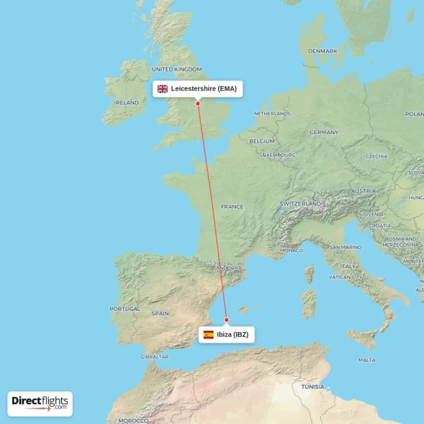 Ibiza - Leicestershire direct flight map
