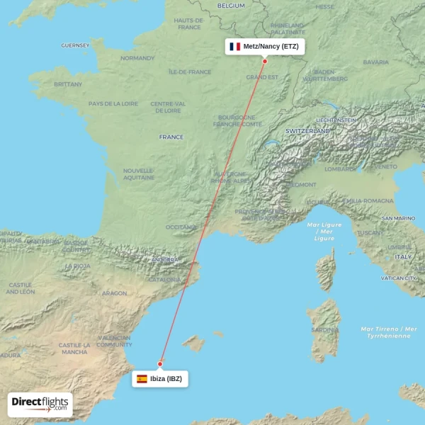 Ibiza - Metz/Nancy direct flight map