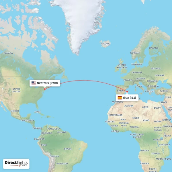 Ibiza - New York direct flight map