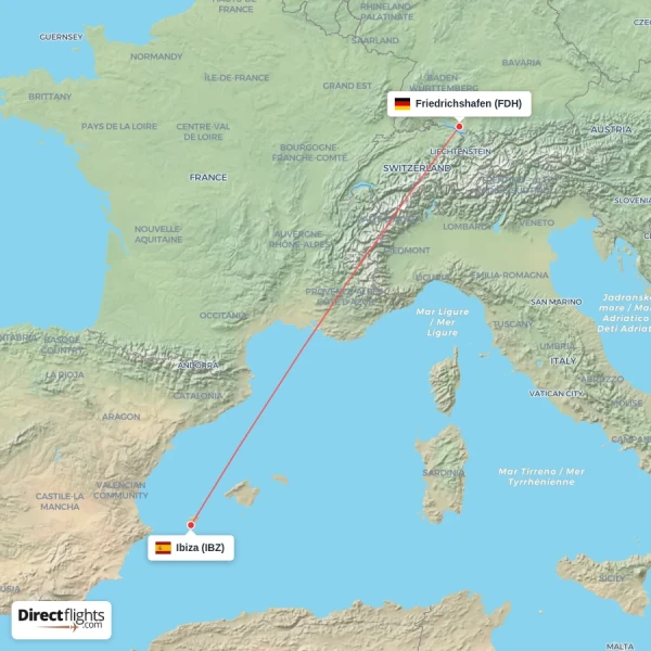 Ibiza - Friedrichshafen direct flight map
