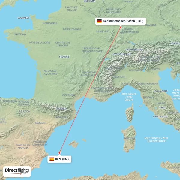 Ibiza - Karlsruhe/Baden-Baden direct flight map