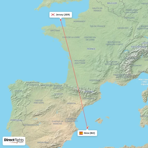 Ibiza - Jersey direct flight map