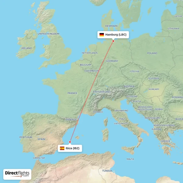 Ibiza - Hamburg direct flight map