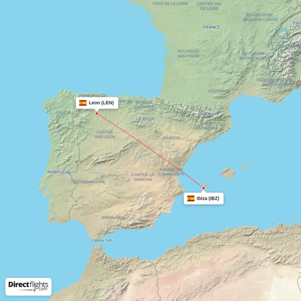 Ibiza - Leon direct flight map