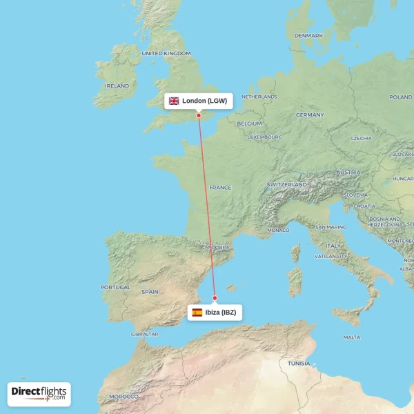 Ibiza - London direct flight map