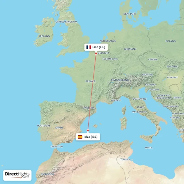 Ibiza - Lille direct flight map