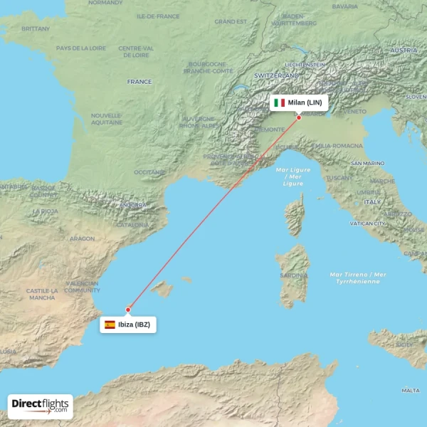Ibiza - Milan direct flight map