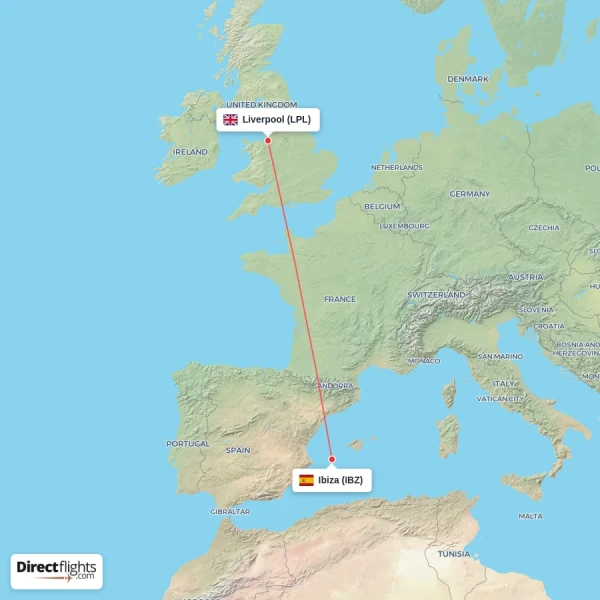 Ibiza - Liverpool direct flight map