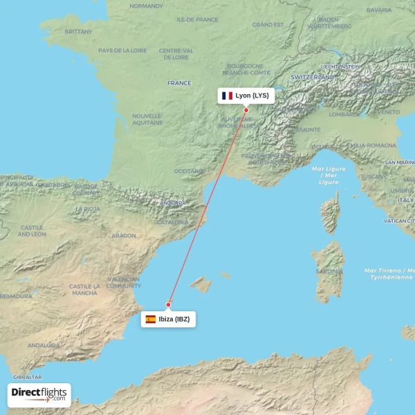 Ibiza - Lyon direct flight map