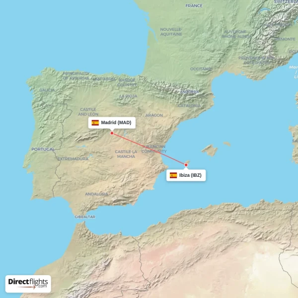 Ibiza - Madrid direct flight map