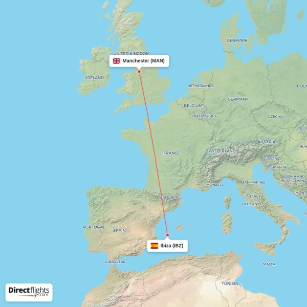 Ibiza - Manchester direct flight map