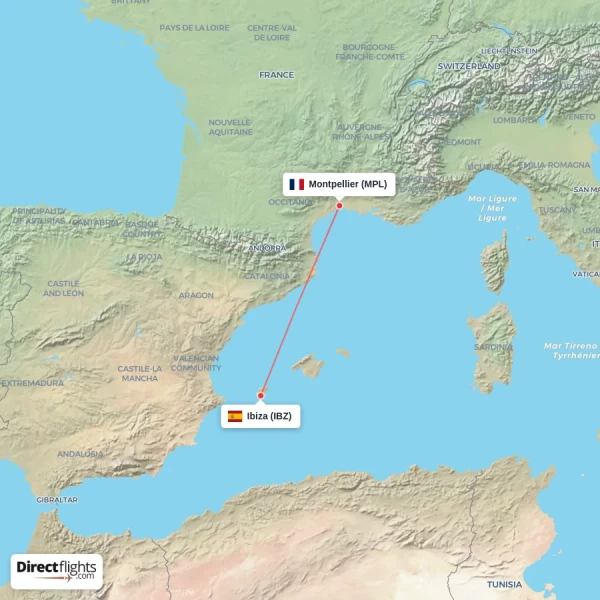 Ibiza - Montpellier direct flight map