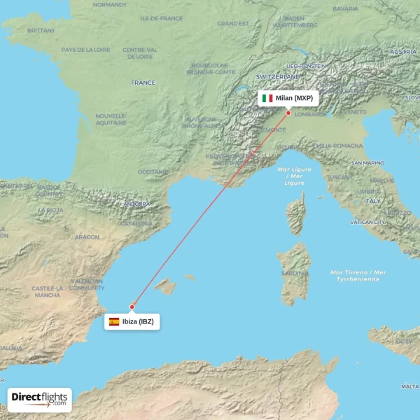 Ibiza - Milan direct flight map