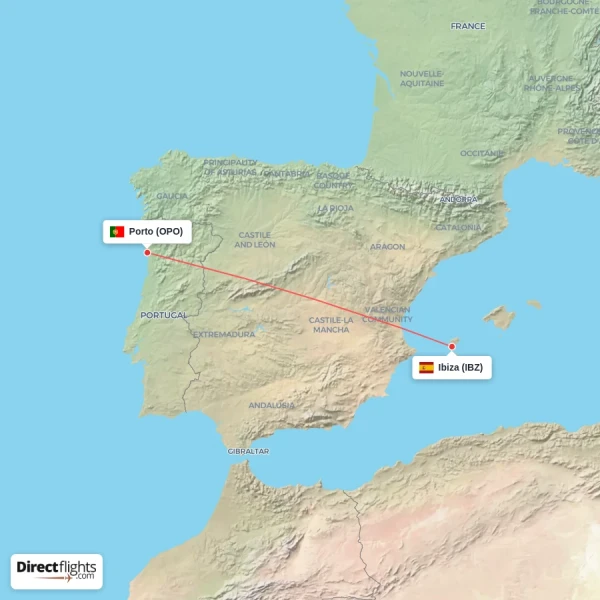 Ibiza - Porto direct flight map