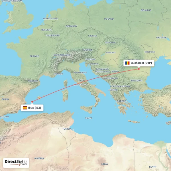 Ibiza - Bucharest direct flight map