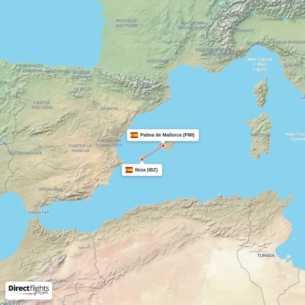 Ibiza - Palma de Mallorca direct flight map