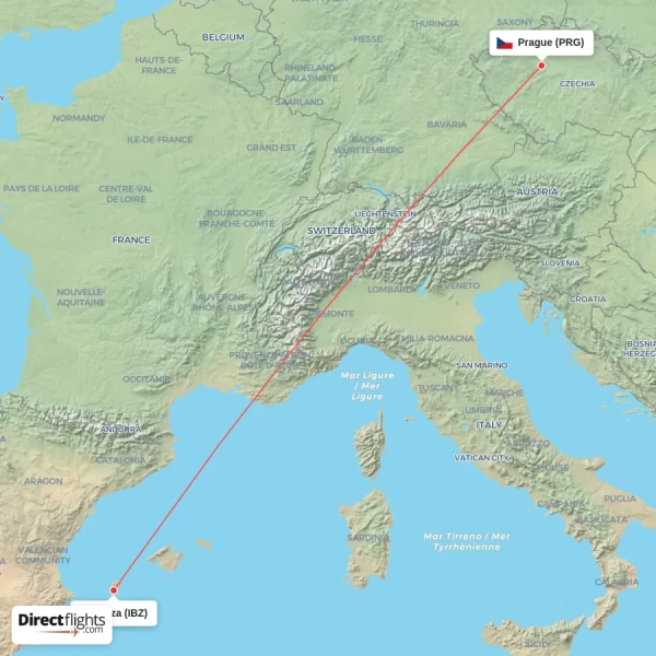 Ibiza - Prague direct flight map