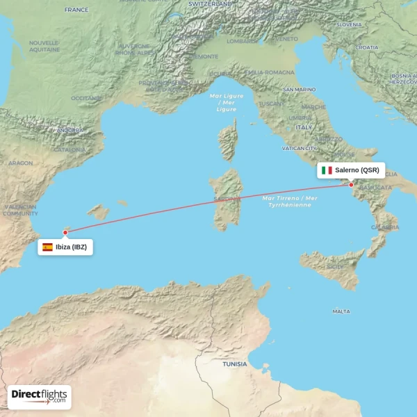 Ibiza - Salerno direct flight map