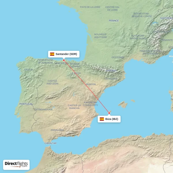 Ibiza - Santander direct flight map