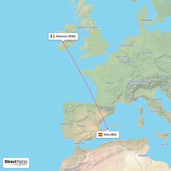 Ibiza - Shannon direct flight map