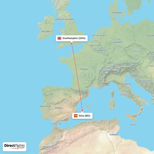 Ibiza - Southampton direct flight map