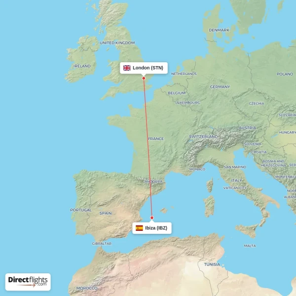 Ibiza - London direct flight map