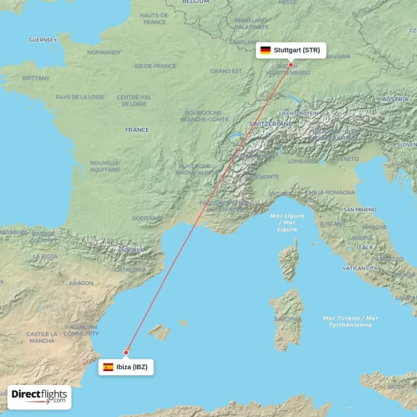 Ibiza - Stuttgart direct flight map