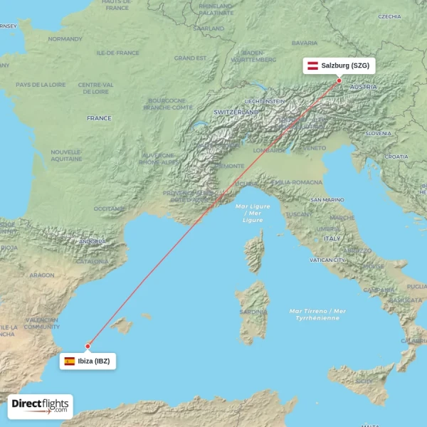 Ibiza - Salzburg direct flight map