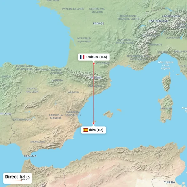 Ibiza - Toulouse direct flight map