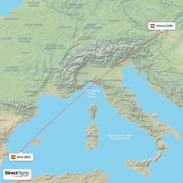 Ibiza - Vienna direct flight map