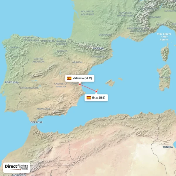 Ibiza - Valencia direct flight map